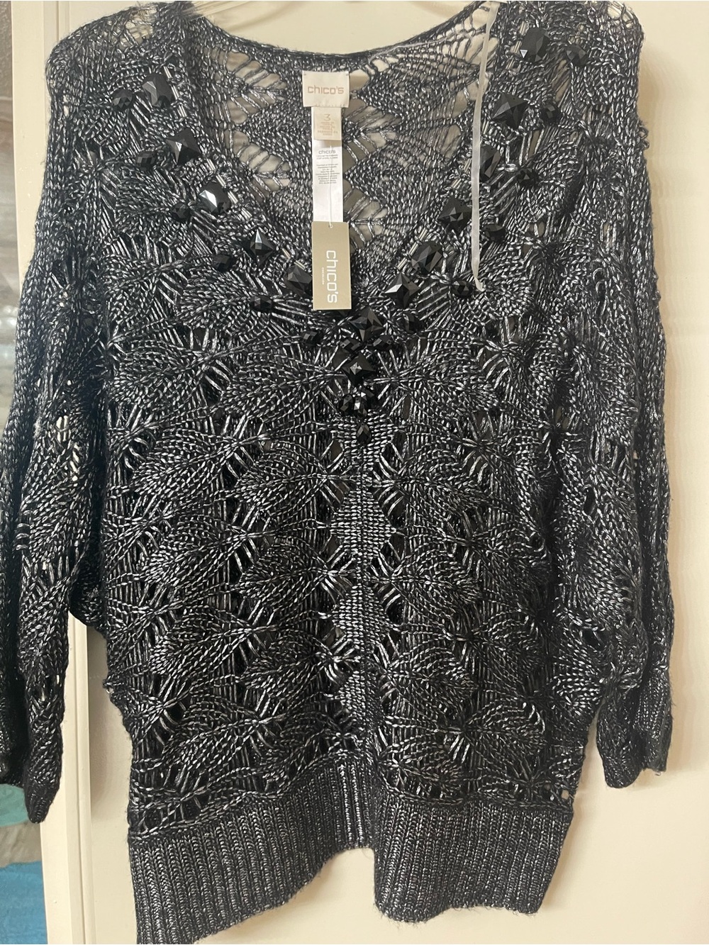 Chico's Black Metallic Crochet Knit Top